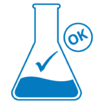 blue lab beaker with a checkmark and the text OK